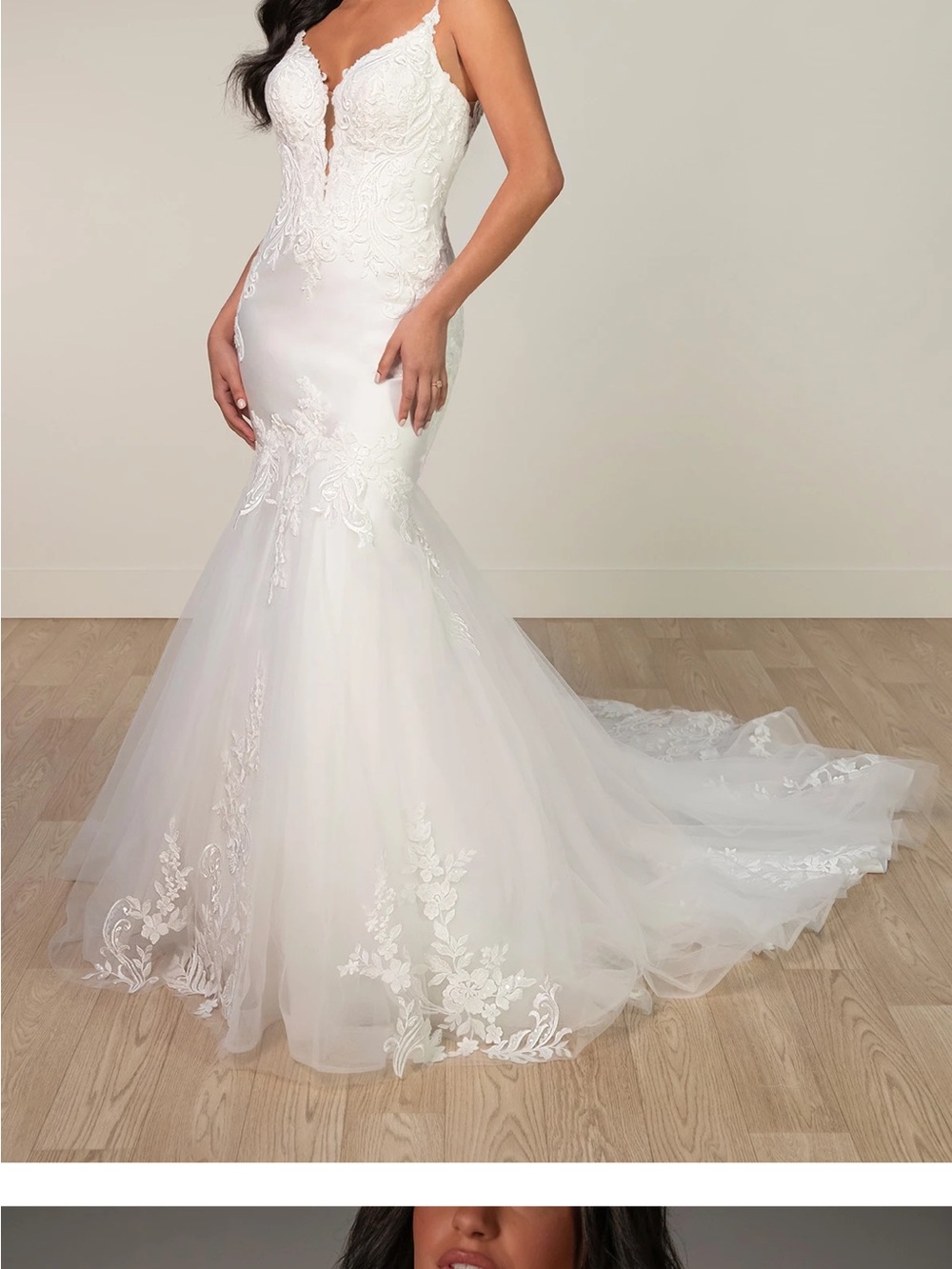 Stella York White Mermaid Lace Wedding Dress with Tulle Train